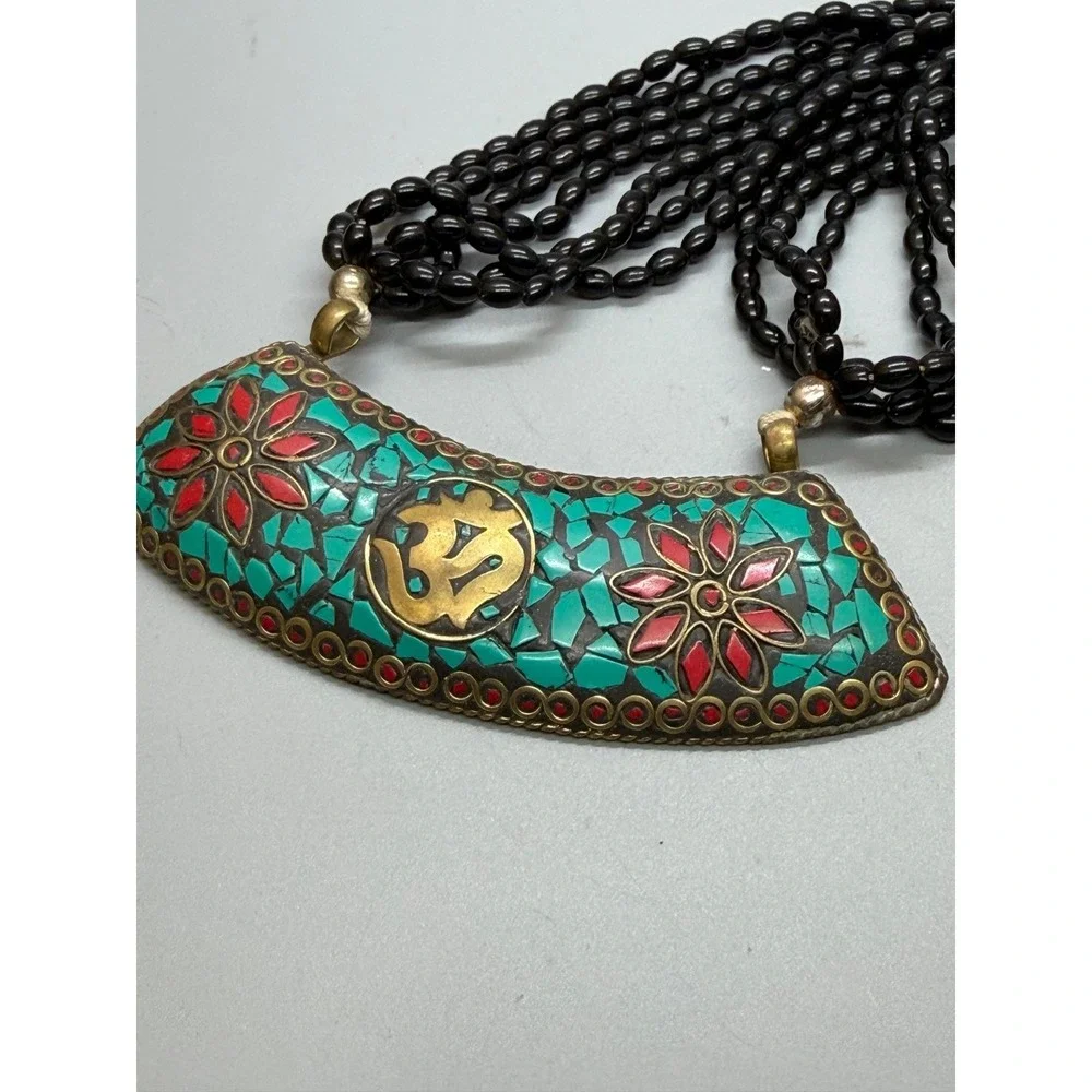 Tibetan Crushed Blue Red Stones  Statement‎ Pendant Necklace Glass Beaded Multi